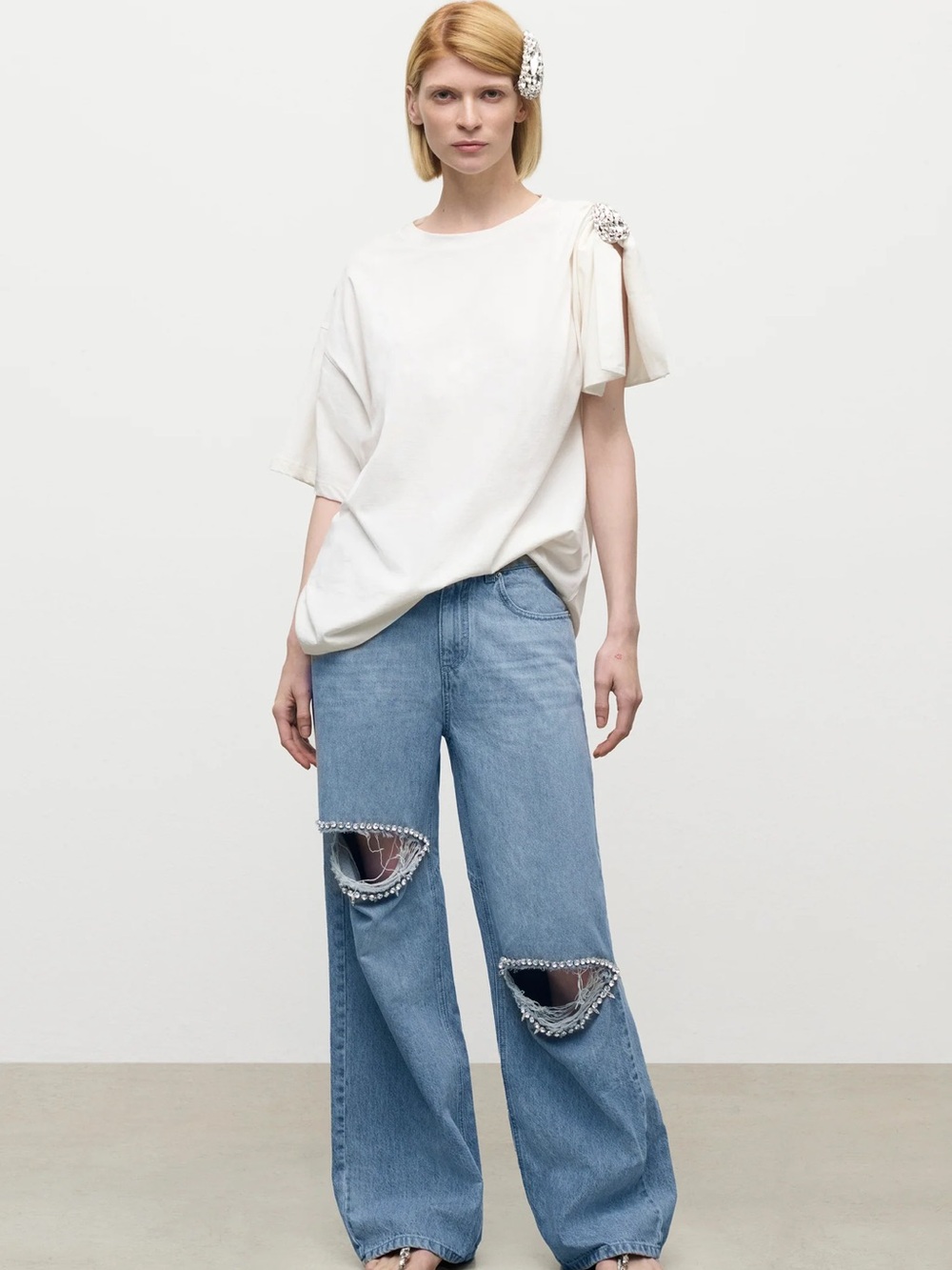 Area Crystal Distressed Relaxed Slit Jean NWT